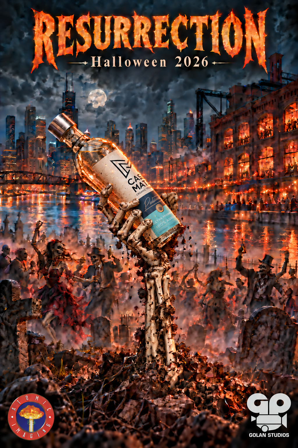 Resurrection, Halloween 2026. A skeleton raises a tequila bottle over a fiery Chicago scene. Atomic Imaging and Golan Studios.