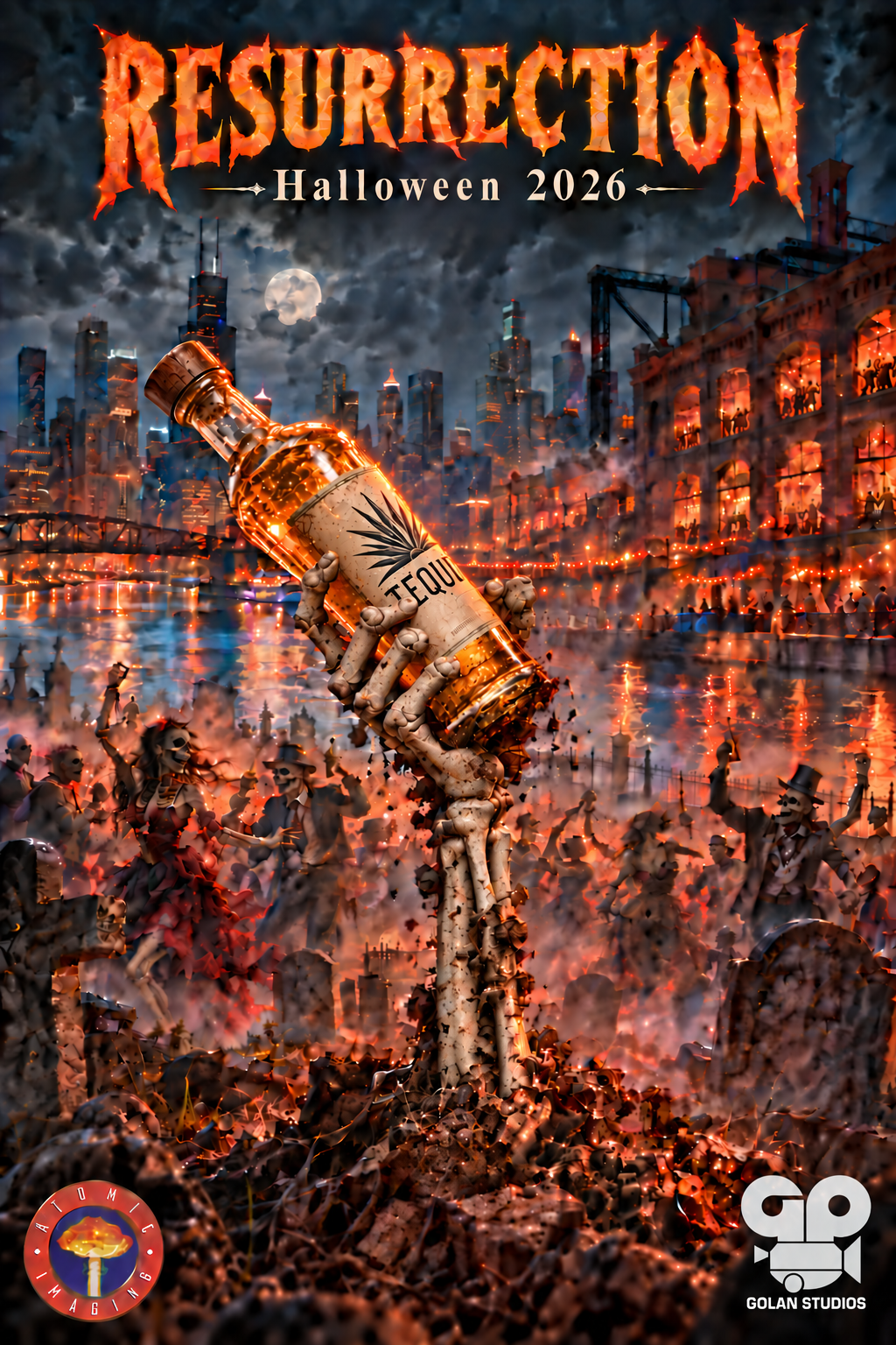 Resurrection, Halloween 2026. A skeleton raises a tequila bottle over a fiery Chicago scene. Atomic Imaging and Golan Studios.